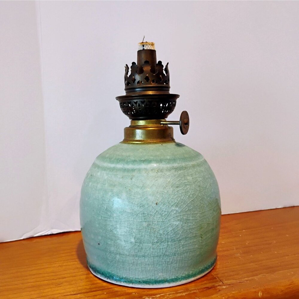 Vintage Seafoam Green Ceramic Studio Pottery Oil Lamp With Ornate Brass Coronet